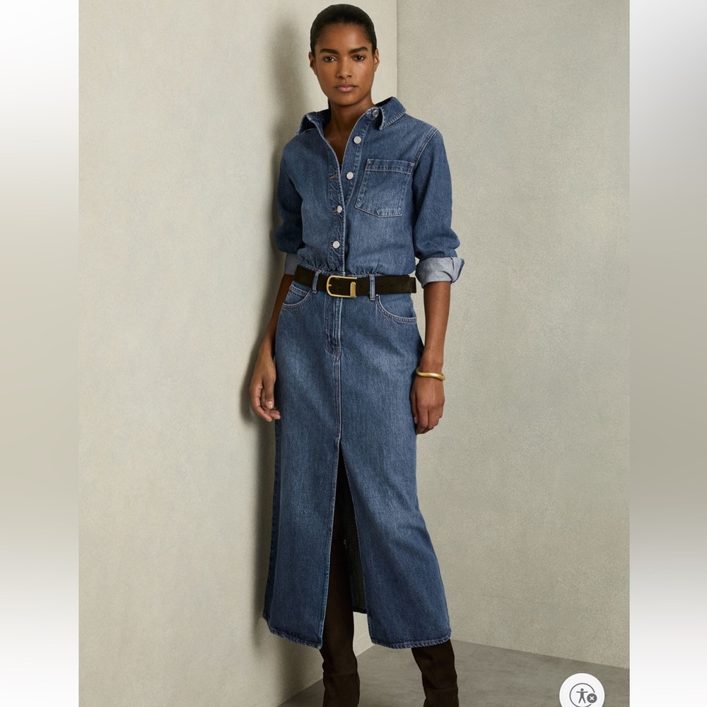 NWT Reiss Terra Petite Denim Button-Through Midi Denim Dress Size 14 Petite - Picture 6 of 8